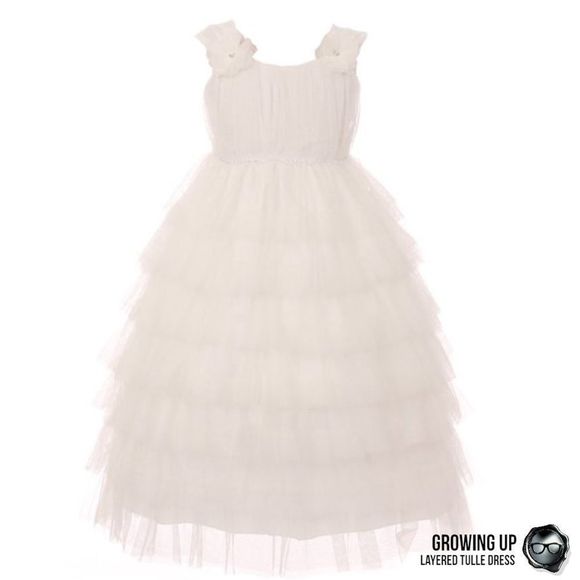 LAYERED MESH TULE PARTY DRESS IN OFF WHITE TEA LENGTH EMPIRE WAIST GIRLS SIZE 4 - Picture 2 of 15